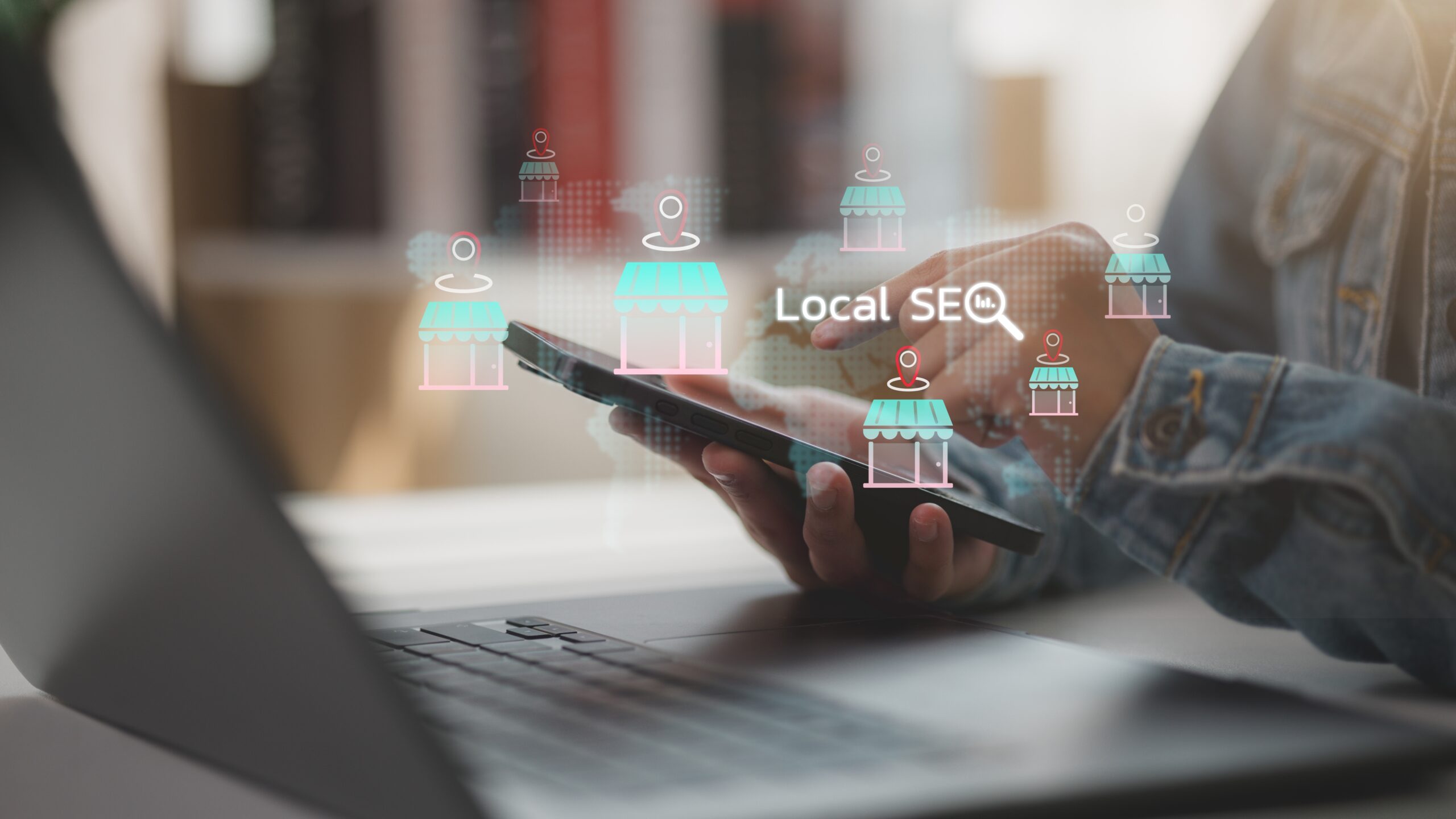 A hand holding a smartphone above a laptop keyboard, with illustrated shop icons plus the words Local SEO and a magnifying glass overlayed, suggesting local search engine optimization in digital marketing.