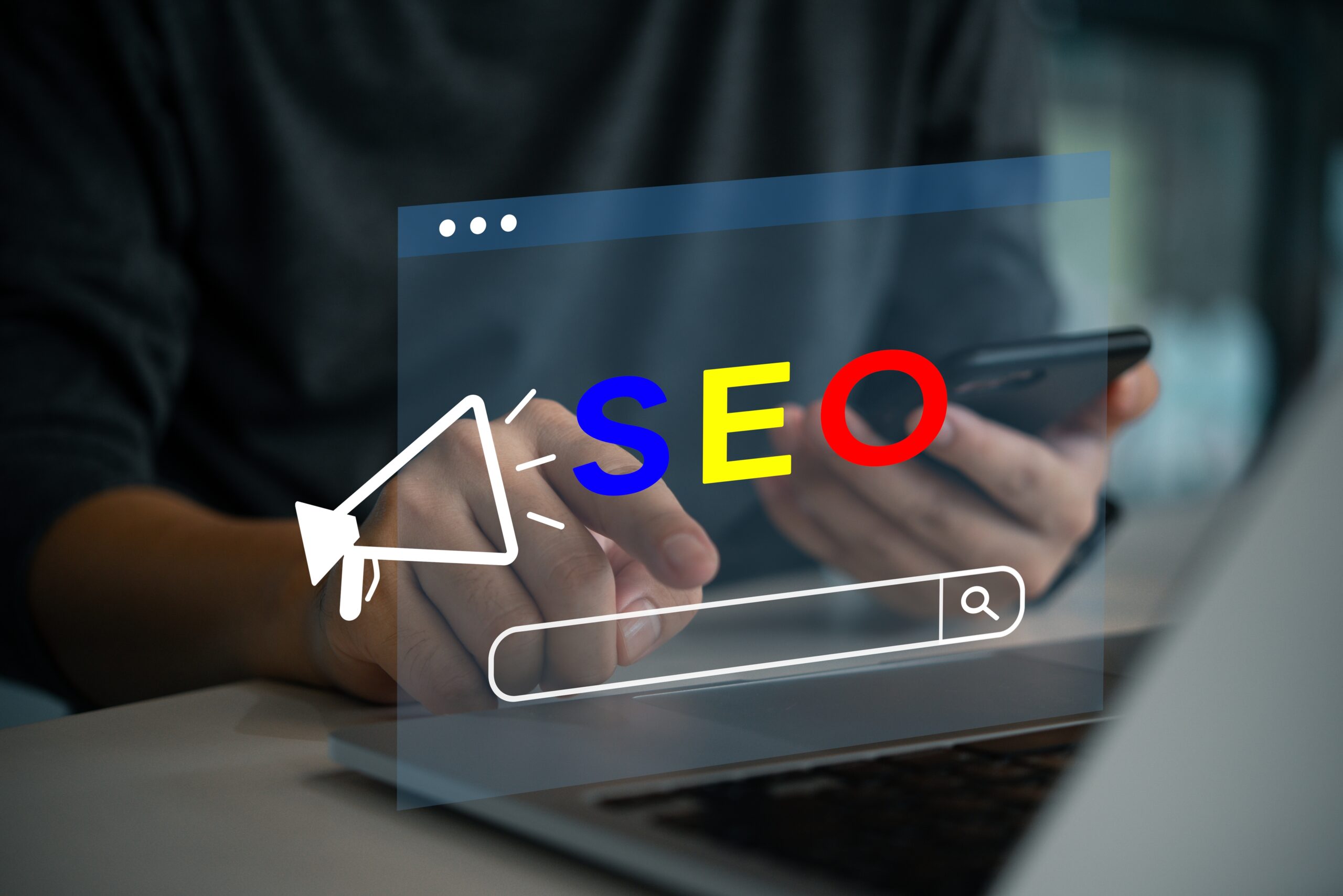 A person uses a smartphone behind a semi-transparent interface featuring the colorful letters SEO. A megaphone icon and a search bar are also visible on the digital overlay.