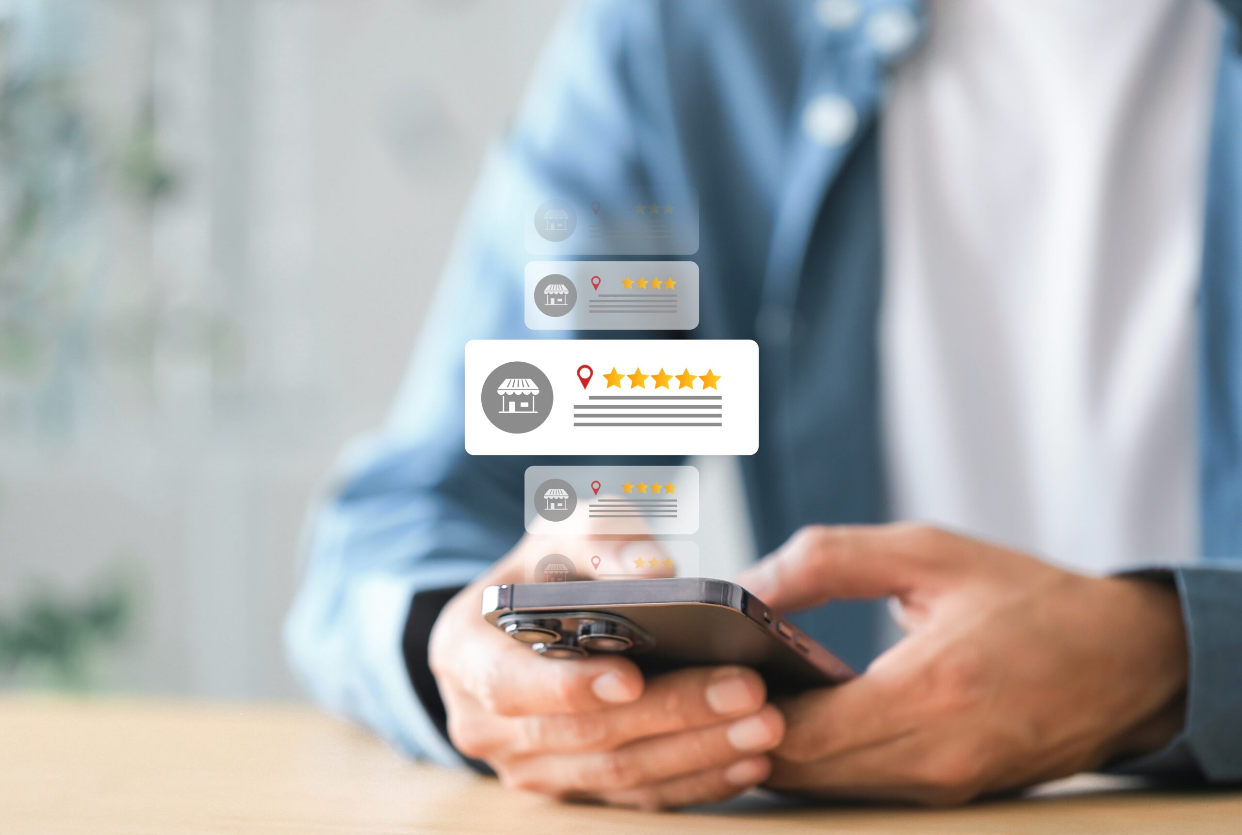 A person uses a smartphone to view digital ratings and location markers for stores. Several floating pop-up windows display a store icon, a red location pin, and five yellow stars, suggesting a digital review or search interface.